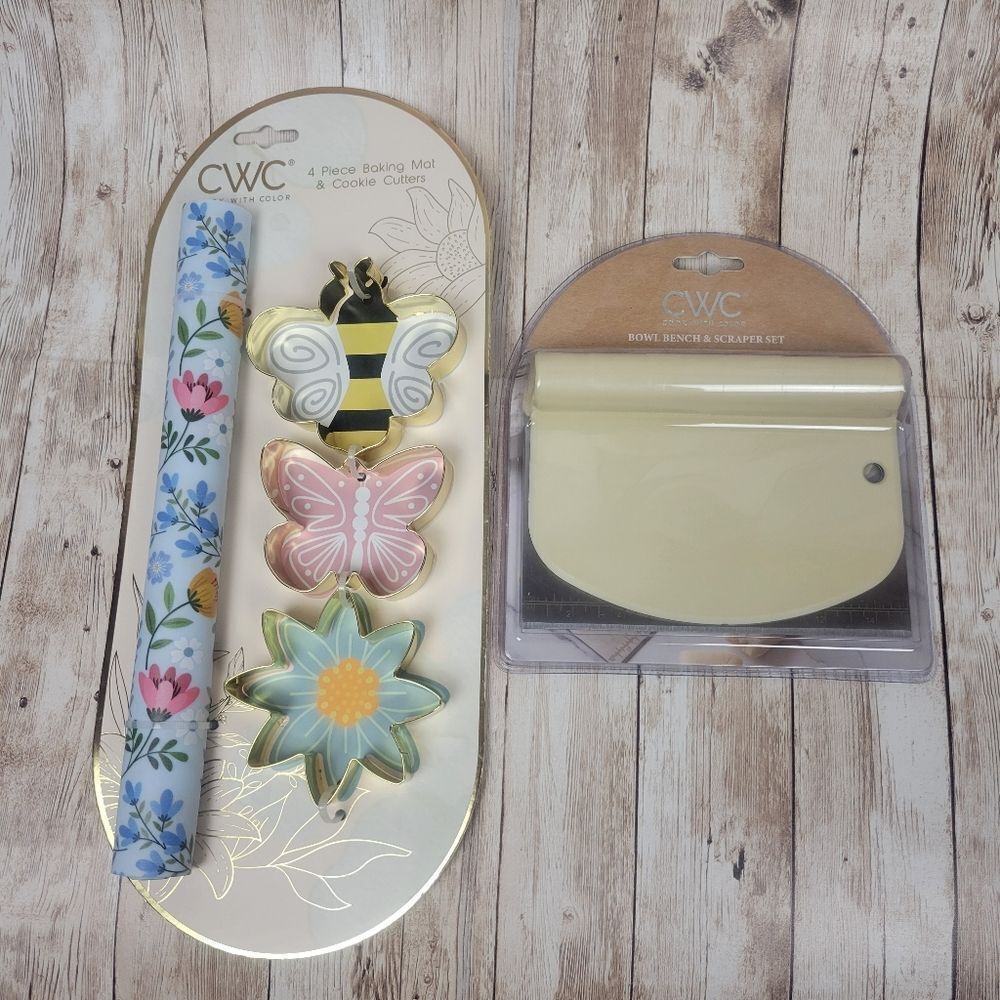 CWC Baking Mat Cookie Cutters Bowl Bench Scraper Set Flower Butterfly